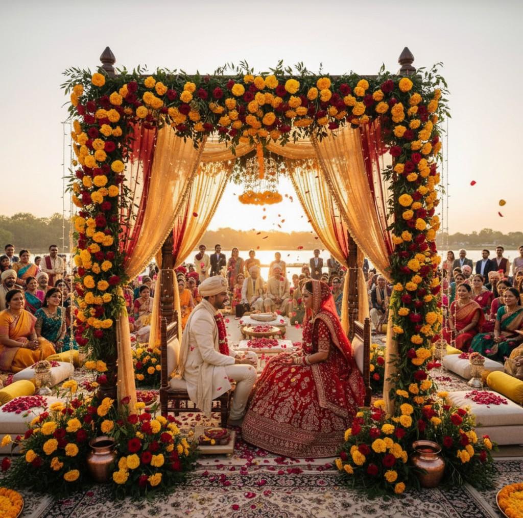 Bride and groom seated under a flower-draped mandap during the wedding ceremony