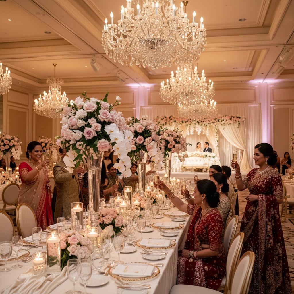 Bride and groom at a candlelit South Asian wedding reception