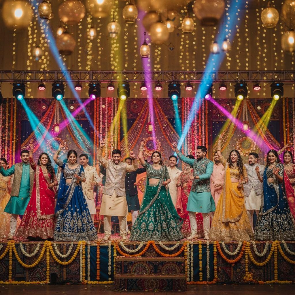 Family and friends dancing under string lights at a colorful South Asian sangeet night