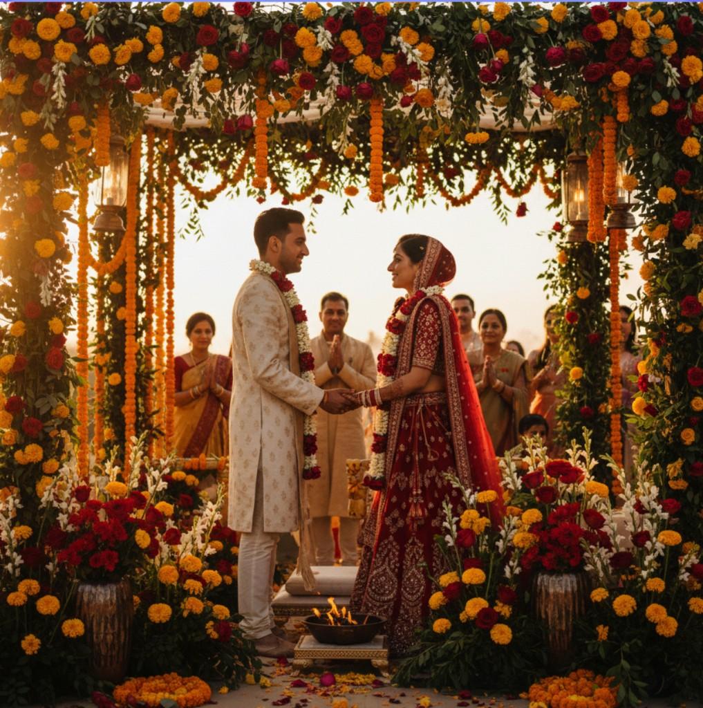 Hindu bride and groom under a marigold-draped mandap during the ceremony, family looking on